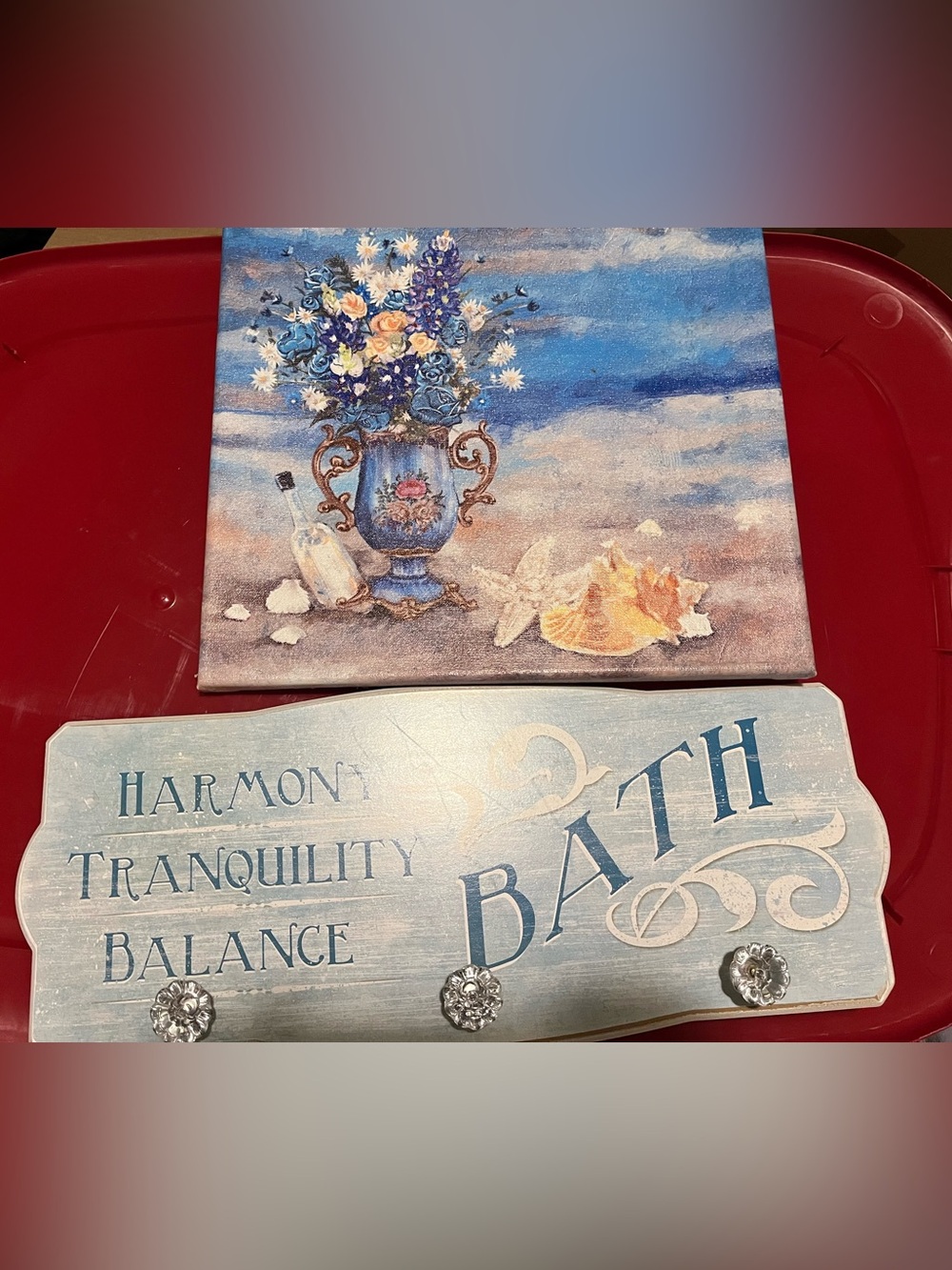 Bath Wall Canvas picture and Sign with Hooks - Blue/White 2 pc set